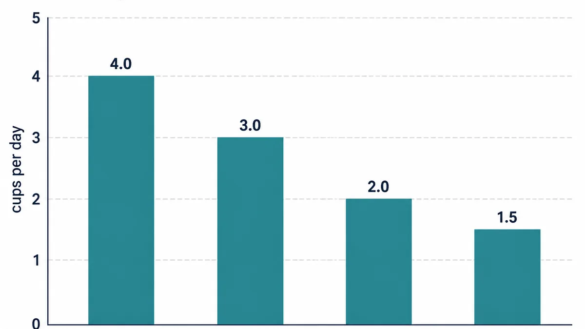 Bar chart of average daily coffee consumption: four descending bars at 4, 3, 2 and 1.5 cups per day.