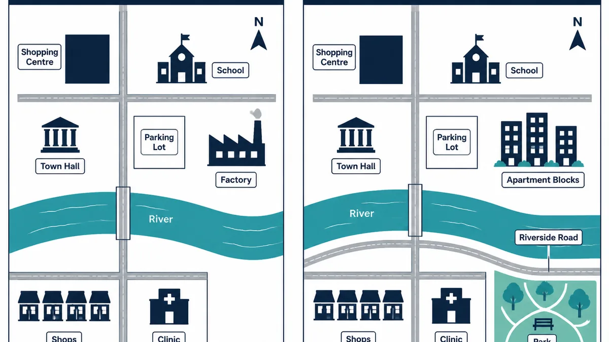 Two town-centre maps showing changes between 1990 and 2020.