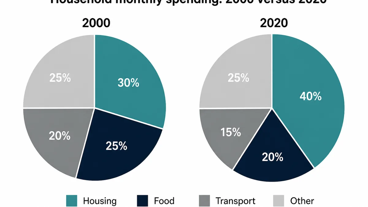 Two pie charts comparing household monthly spending in 2000 and 2020.