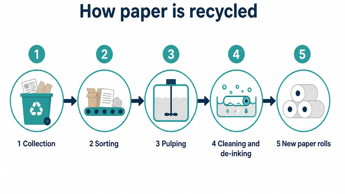 Five-stage process diagram showing how paper is recycled.