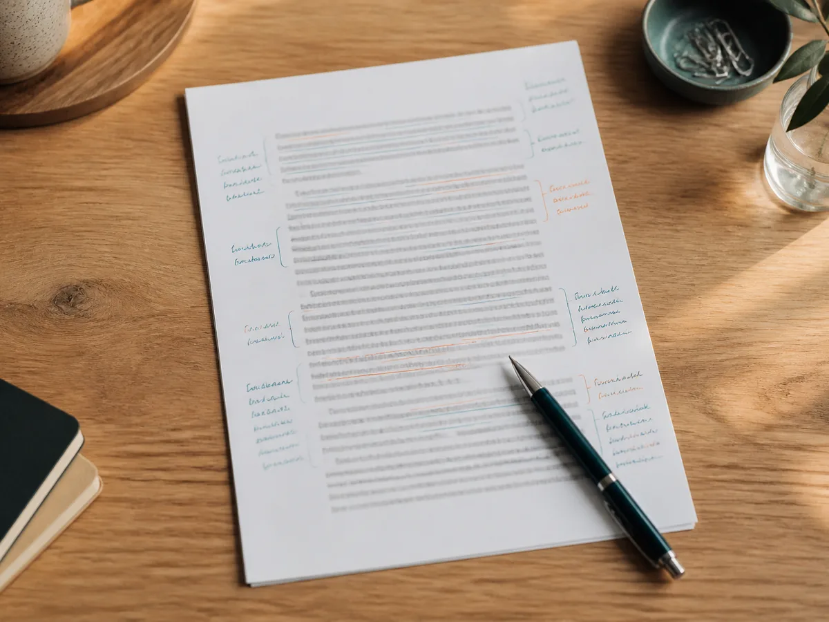 An IELTS writing answer marked by hand with margin notes and underlines in teal and orange ink