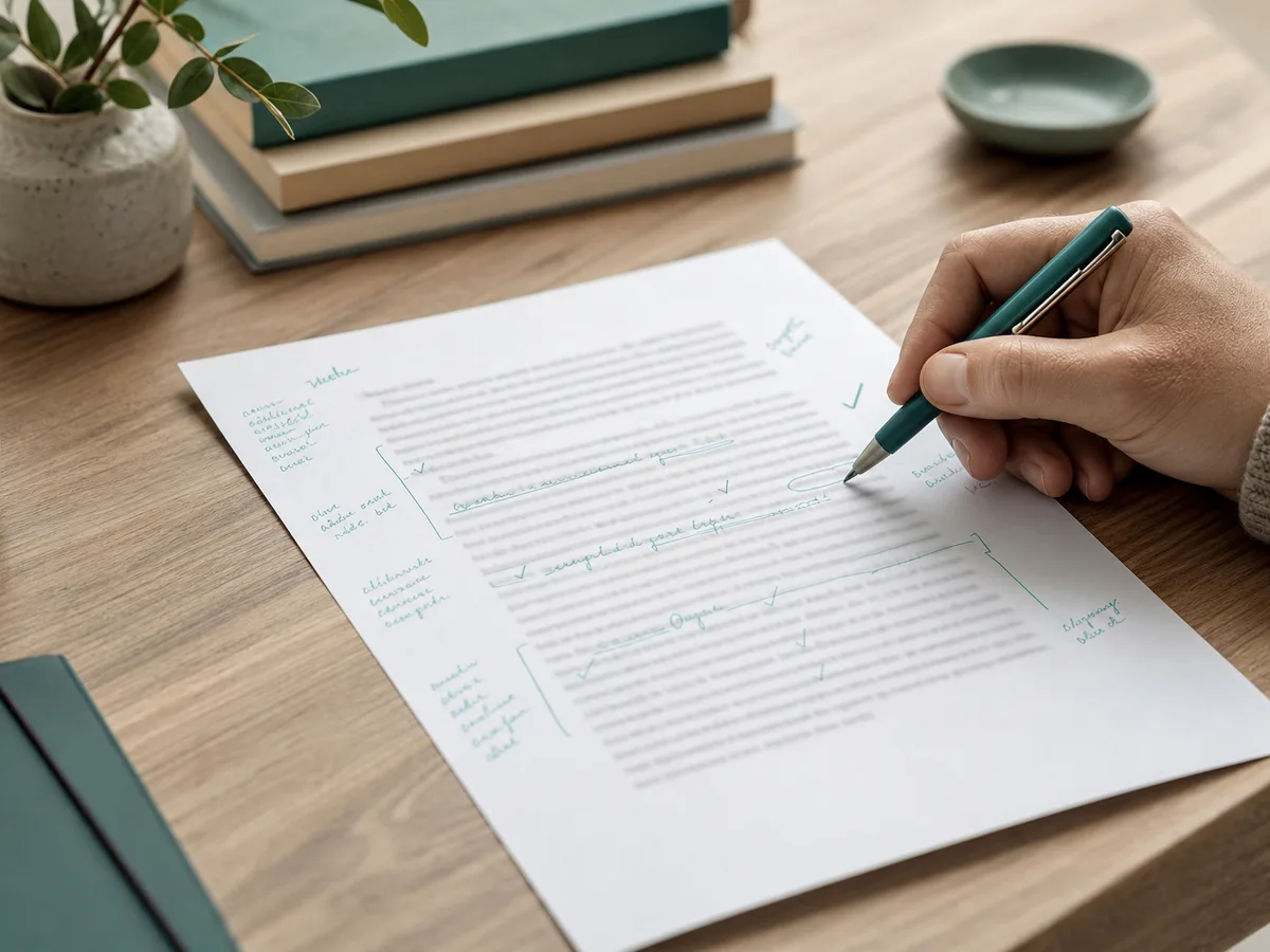An IELTS essay marked by hand with teal annotations showing band improvement