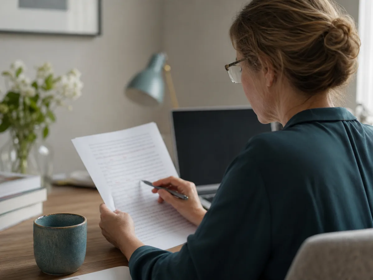A qualified IELTS teacher reviewing and marking a student's writing at a desk