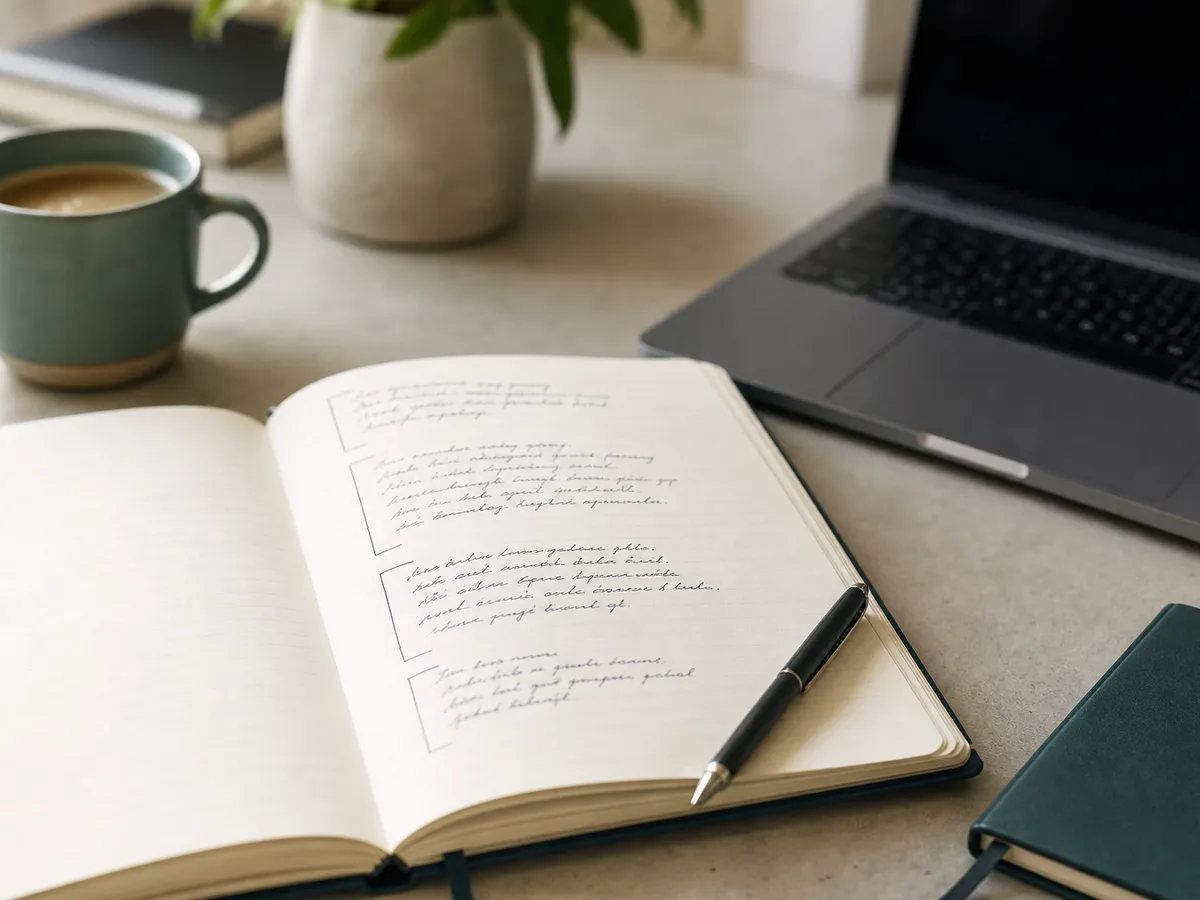 A handwritten IELTS Task 2 essay plan in an open notebook on a desk
